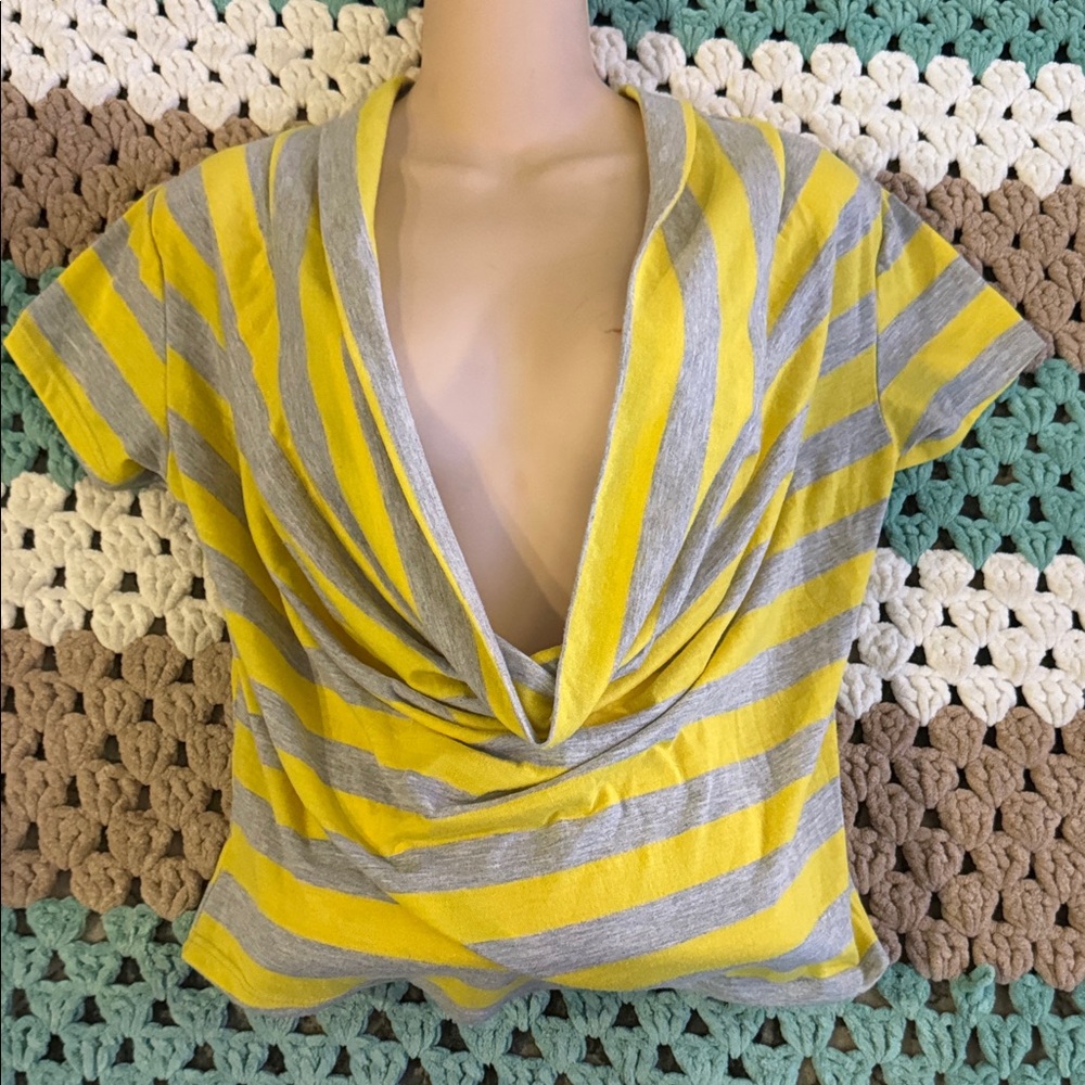 Yellow Gray Striped Deep V Cowl Neck Top Shirt Blouse Womens sz Medium